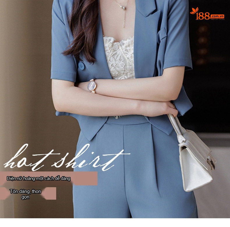 Set Bộ Vest Nữ Quần Ống Rộng Tay Ngắn Phong Cách Công Sở Thanh Lịch Màu Be, Xanh, Đen chi tiết 3