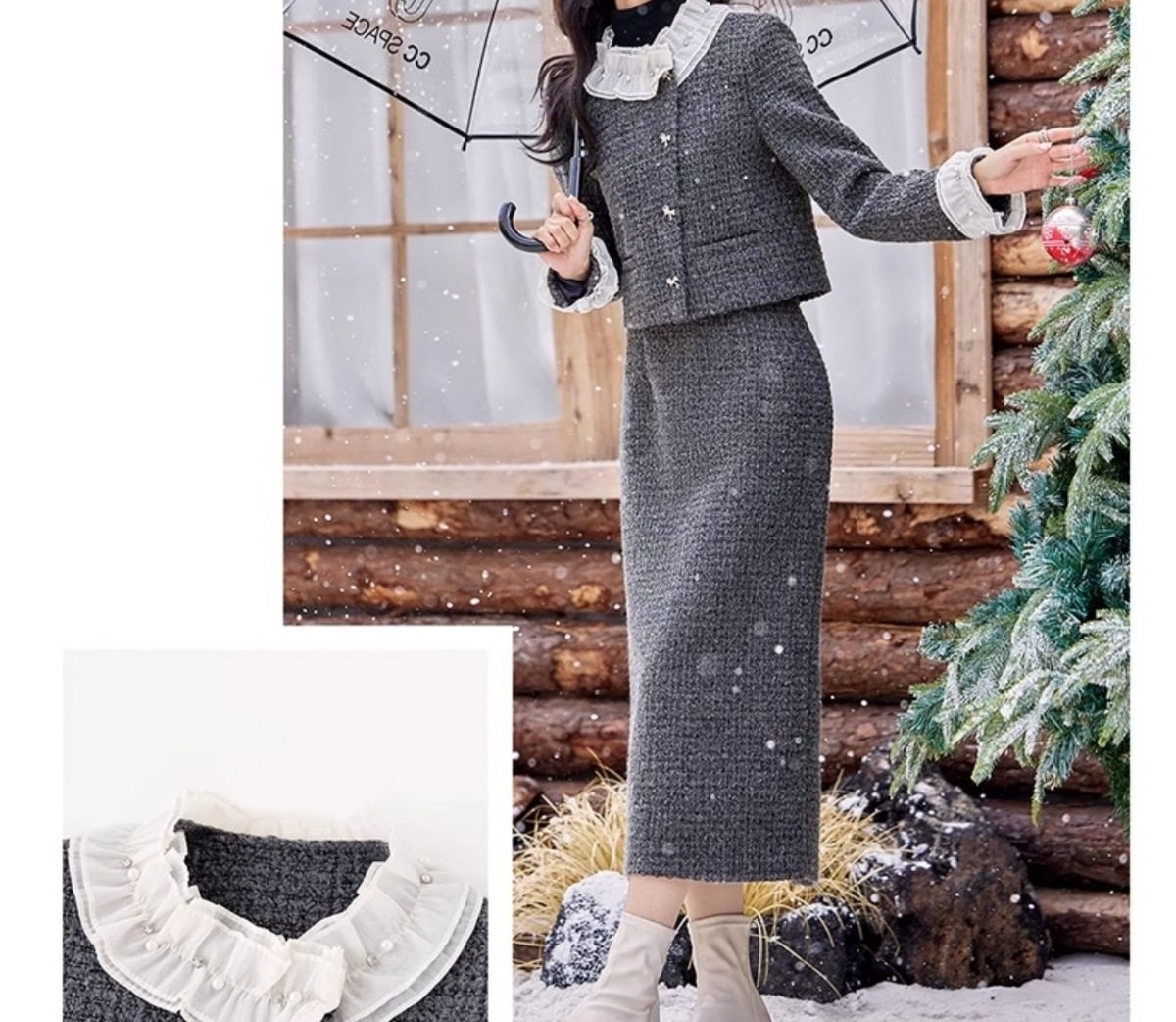 Set Áo Khoác và Chân Váy Dệt Kim Tiểu Thư Thanh Lịch Màu Xám, Đen chi tiết 11