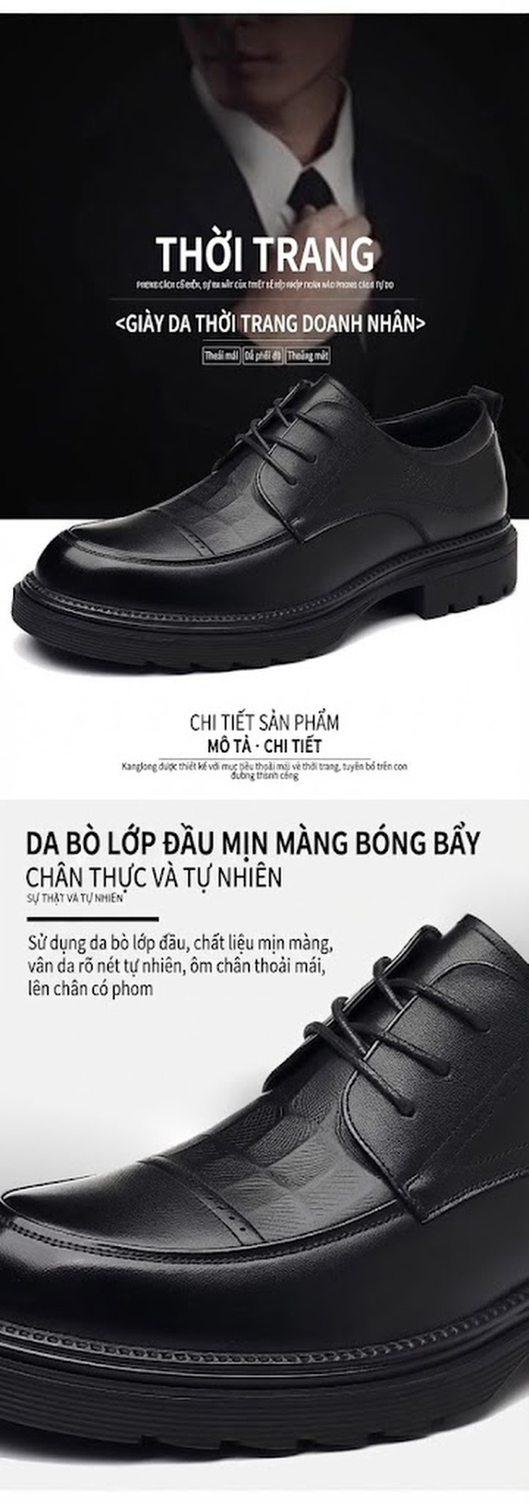 Giày Tây Buộc Dây Nam Da Bò Cao Cấp Chiều Cao Đế Khoảng 3cm Màu Đen chi tiết 6