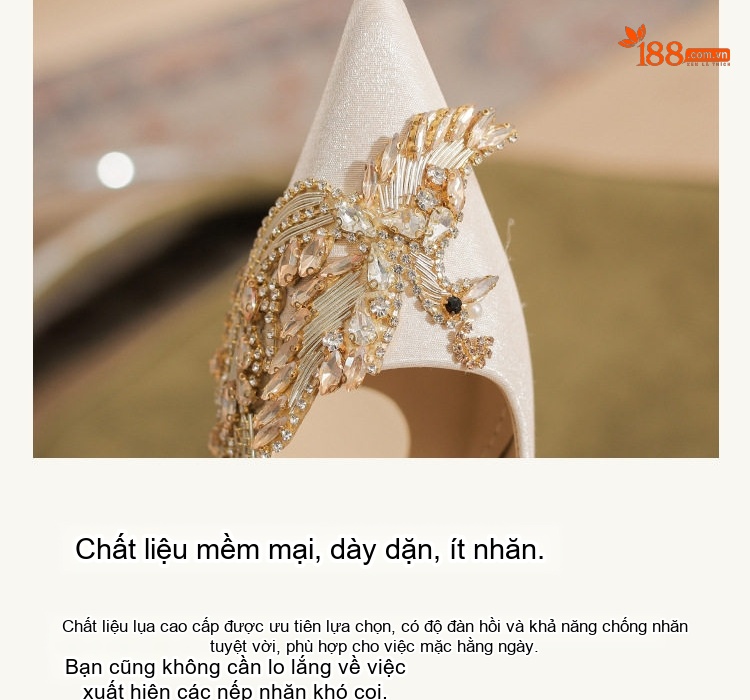 Giày Cao Gót Nữ Mũi Nhọn Đính Đá Chiều Cao Đế Khoảng 7cm Màu Kem chi tiết 5