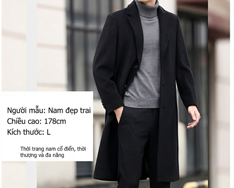 Áo Khoác Dạ Nam Dáng Dài Business Casual Màu Đen, Xám chi tiết 13