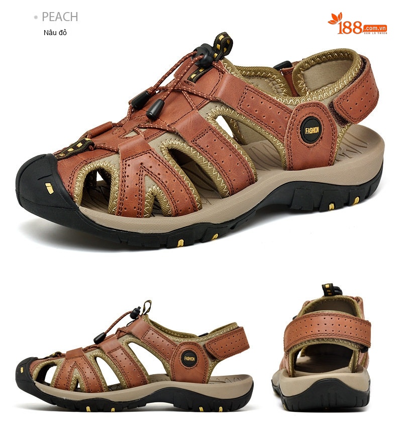 Dép Sandal Nam Bít Mũi Thoáng Khí Chống Trượt Đi Bộ Đường Dài Thủ Công Chiều Cao Đế Khoảng 3cm Màu Đen, Nâu, Xám chi tiết 32