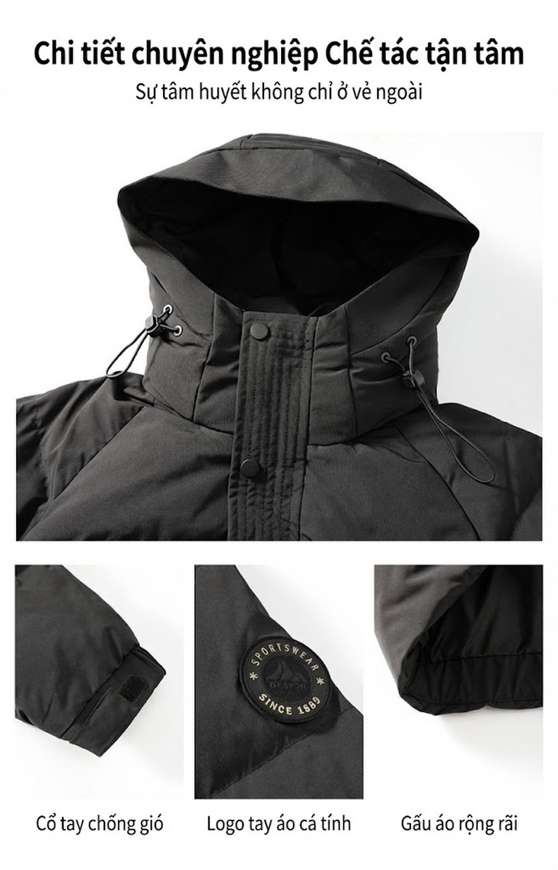 Áo Phao Nam/Nữ 90% Lông Nhung Áo Khoác Parka Dáng Rộng Có Mũ Trùm Đầu Màu Trắng Kem, Đen, Vàng, Nâu chi tiết 11