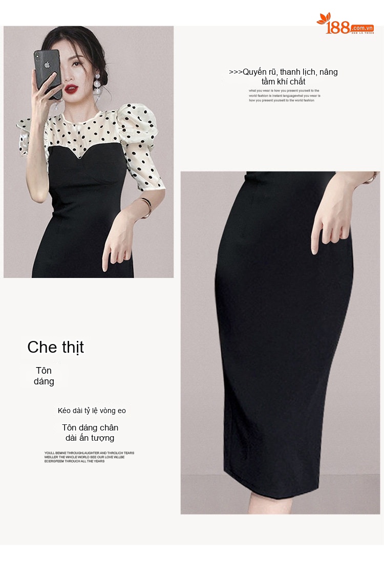 Váy Ôm Body Nữ Tay Bồng Họa Tiết Chấm Bi Cổ Tròn Màu Đen chi tiết 2