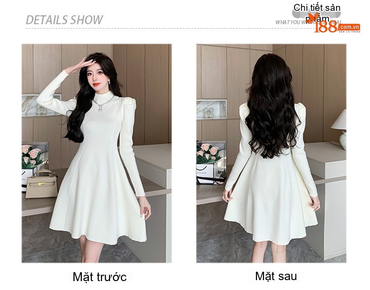 Đầm Dệt Kim Nữ Tay Phồng Cổ Cao dáng chữ A Tiểu Thư Màu Trắng, Đỏ, Đen, Nâu chi tiết 3