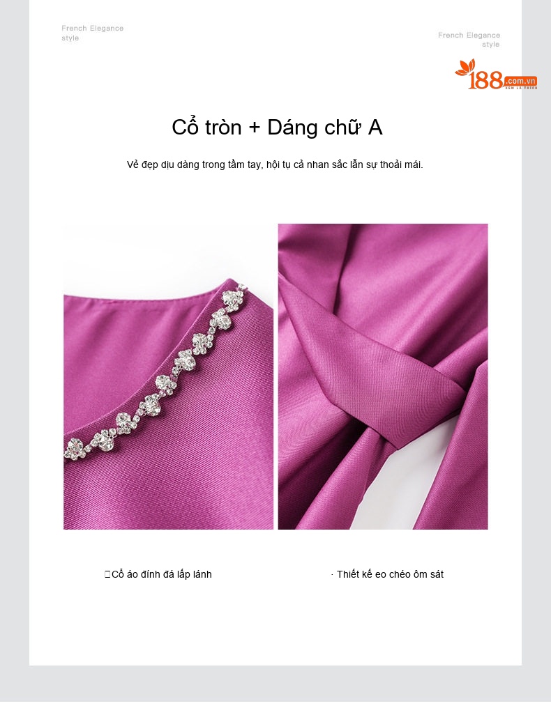 Váy liền thân Nữ dáng chữ A Tay Dài Lụa Gấm Định Cườm Thắt Eo Màu Tím chi tiết 6