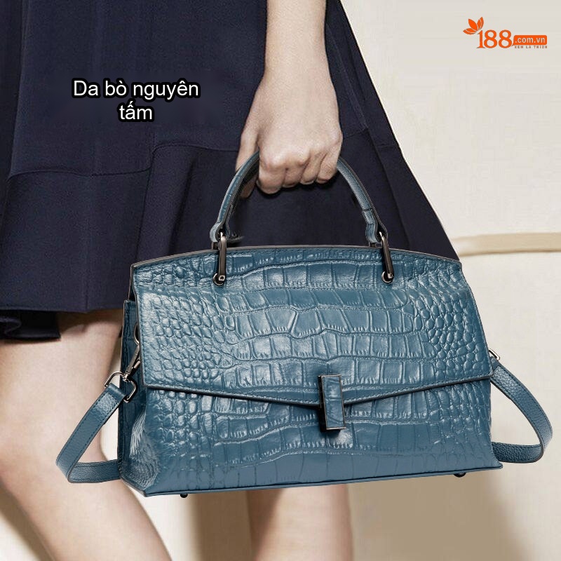Túi Xách Nữ Da Bò Mềm Đeo Vai, Đeo Chéo, Xách Tay Thời Trang, Dung Tích Lớn Màu Xanh