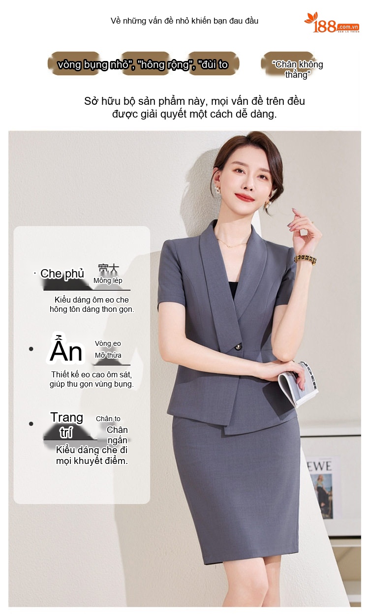 Bộ Vest Công Sở Nữ Tay Ngắn Dáng Lệch Màu Xám, Đen chi tiết 3