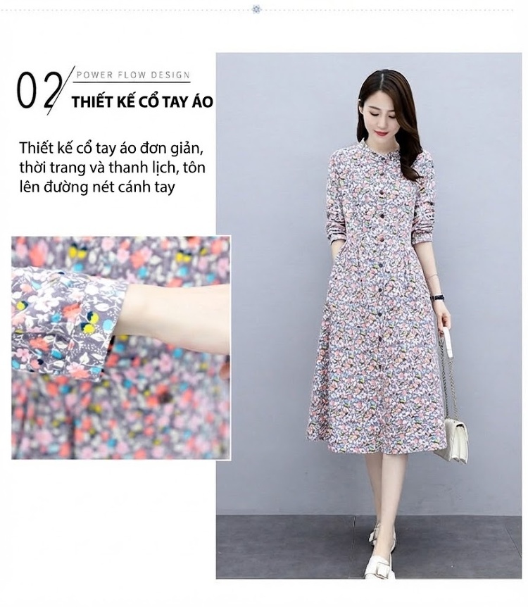 Váy Dài Tay Nữ In Hoa Cổ Tròn Dáng Ôm Phong Cách Hàn Quốc chi tiết 3