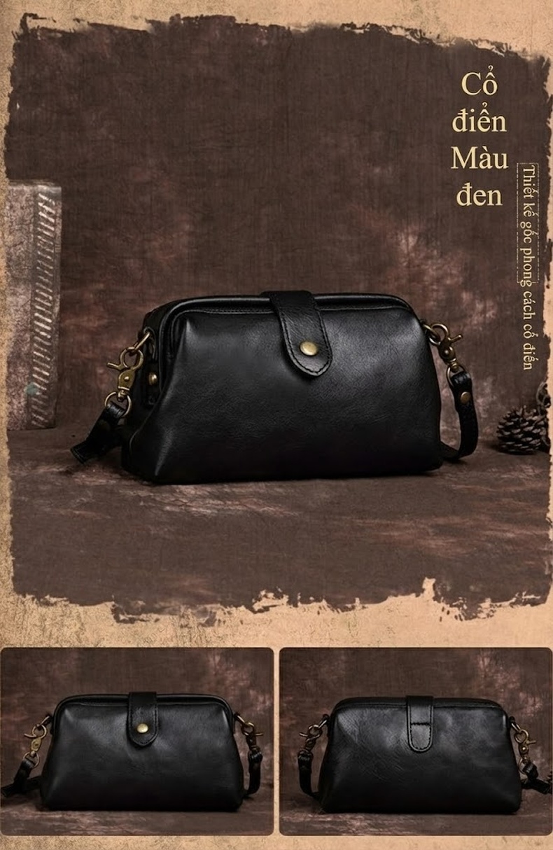 Túi Đeo Chéo Nữ Da Bò Thủ Công Vintage Dáng Nhỏ Màu Nâu, Đỏ chi tiết 10