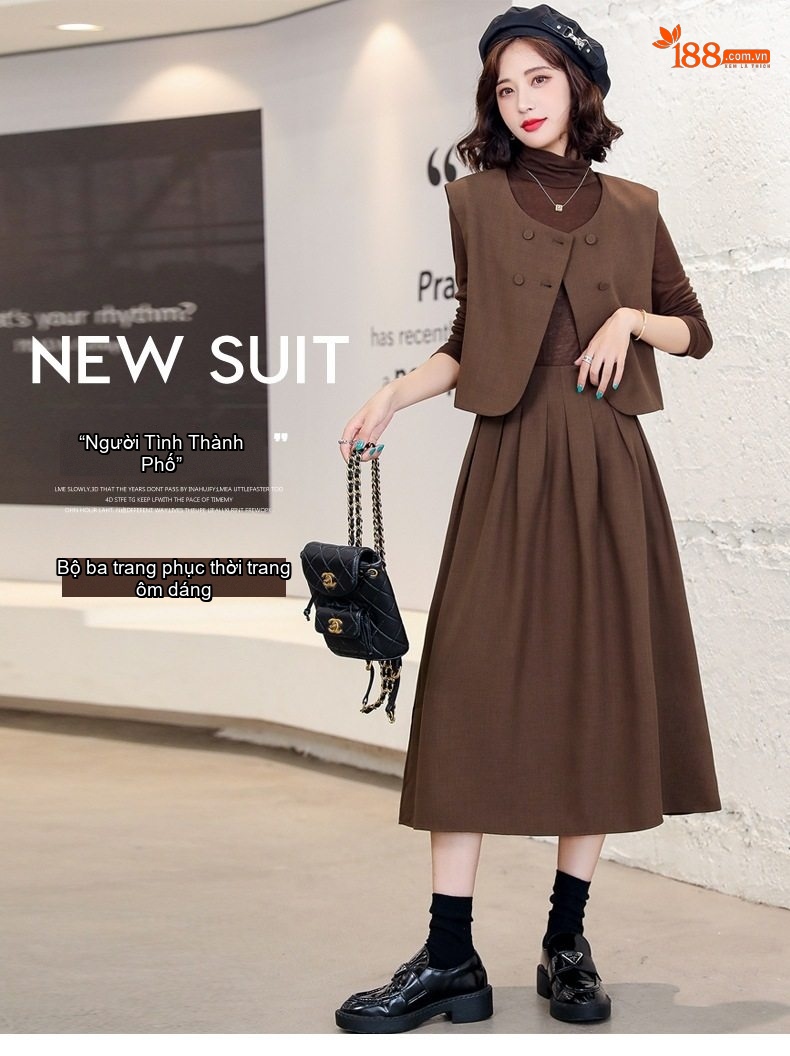 Váy Bộ Nữ Thu Đông Áo Gilet Khoác Lửng và Đầm Liền Thân Dài Tay Chất liệu Dệt Kim Màu Đen, Nâu chi tiết 3