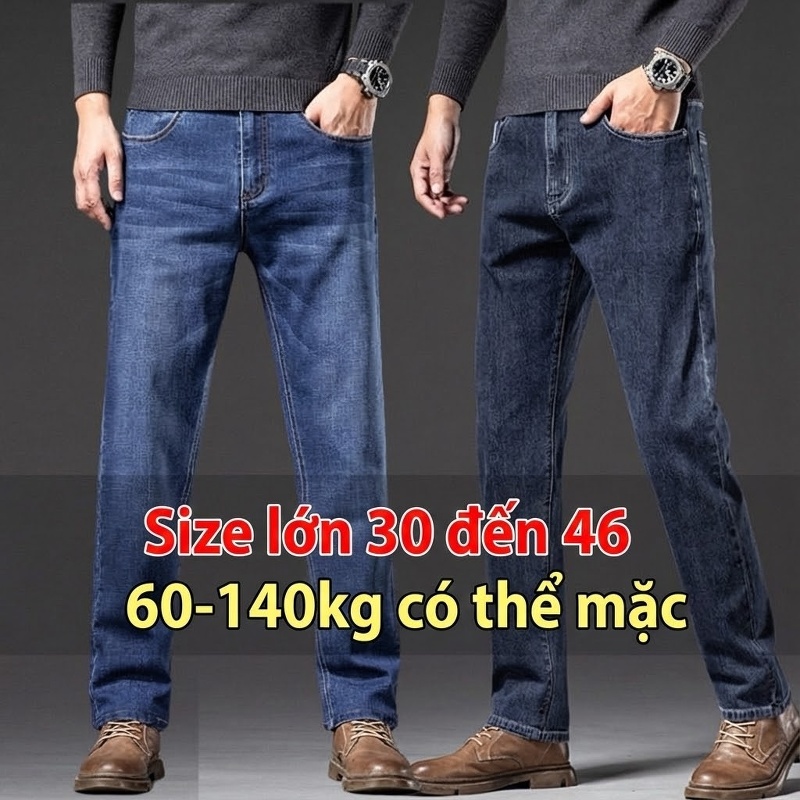 Quần Jean Nam Ống Đứng Co Giãn Lớn Dáng Rộng Thoải Mái Màu Xanh, Đen