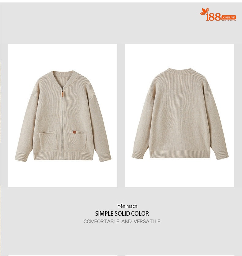 Áo Khoác Cardigan Nam Dệt Kim Cổ Bóng Chày Dày Dặn Màu Be, Đen chi tiết 11