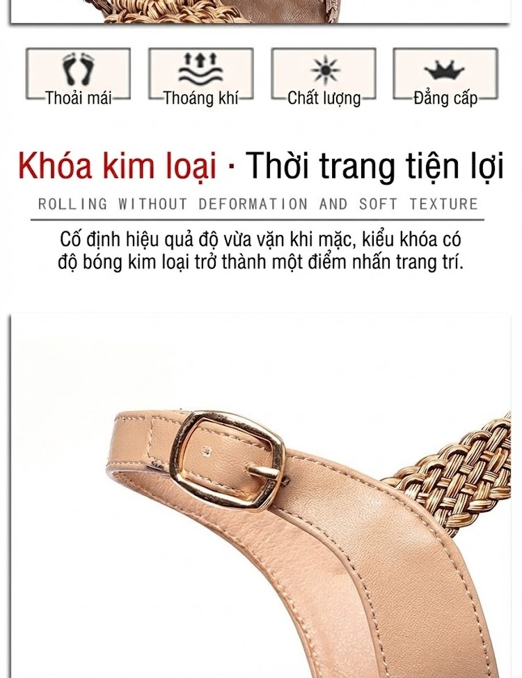 Dép Sandal Nữ Quai Dệt Bện Đính Hoa Đế Mềm Thoải Mái Đế Cao 5cm - 6cm Màu Kem chi tiết 3
