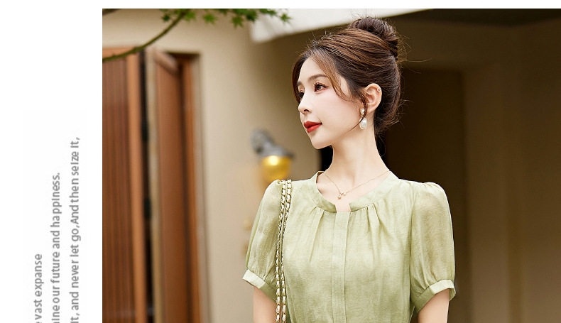 Váy Midi Nữ Cổ Điển Thắt Eo Tay Ngắn Màu Be, Xanh chi tiết 20