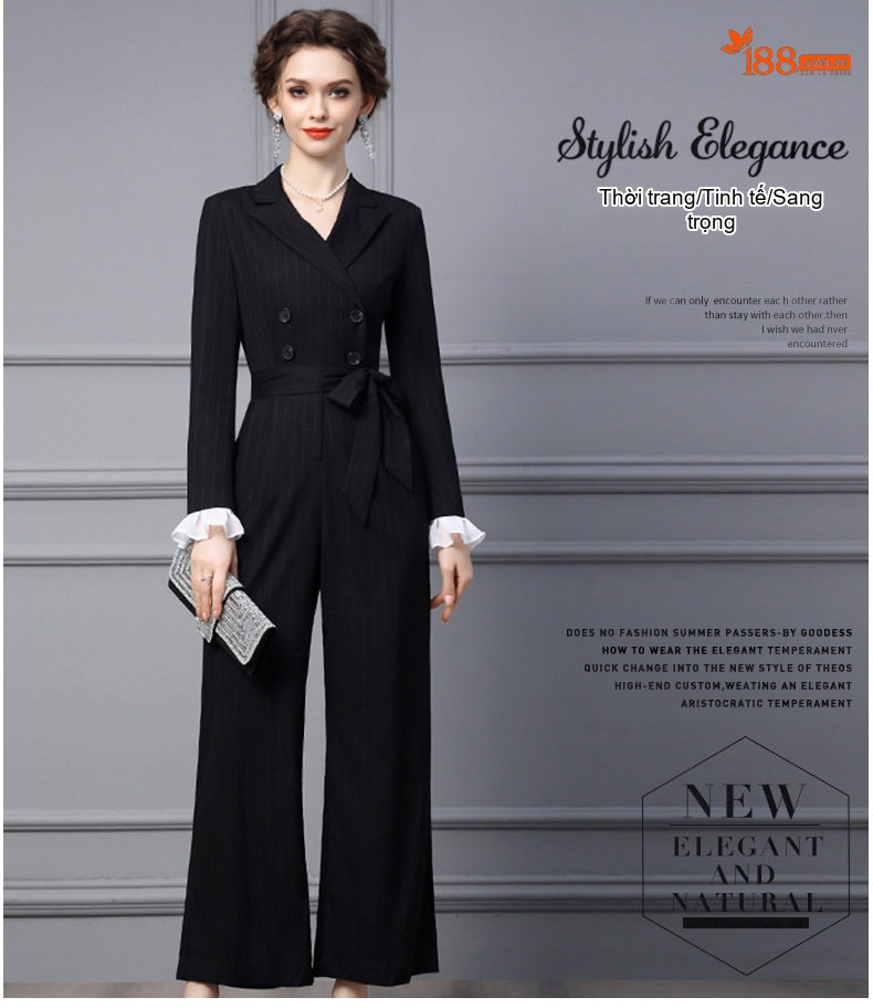 Jumpsuit Nữ Dáng Dài Quần Ống Rộng Cổ chữ Vest Thanh Lịch Màu Đen chi tiết 18