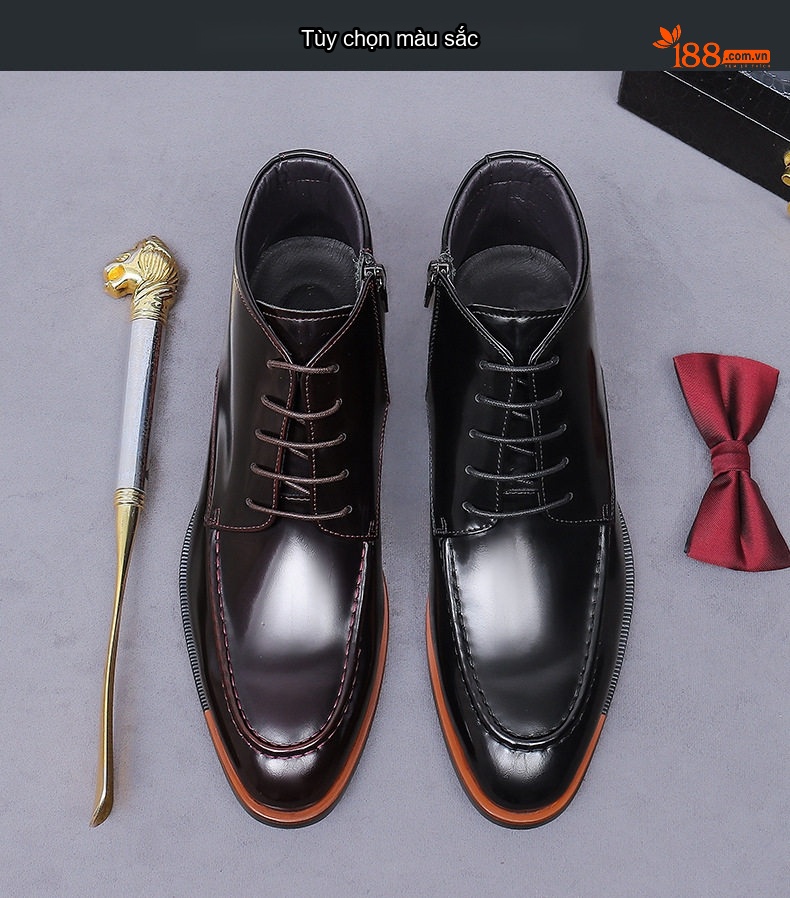 Giày Boot Nam Cổ Cao Da Bóng Mũi Nhọn Có Khóa Kéo Chiều Cao Đế Khoảng 3cm Màu Đen chi tiết 2