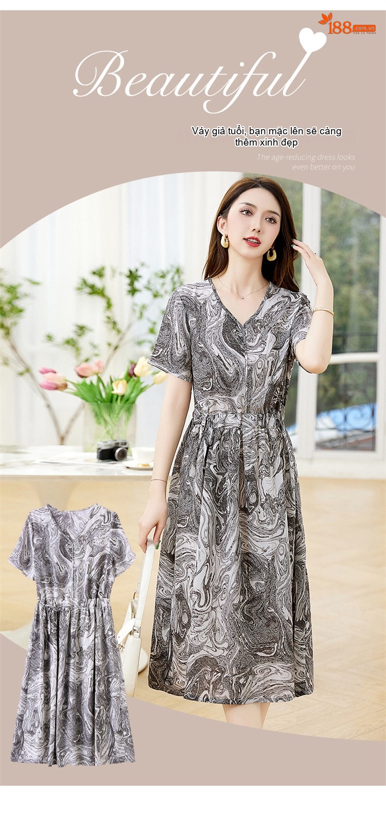 Váy liền thân Nữ In Họa Tiết Cổ chữ V, dáng chữ A, Eo Điều Chỉnh Được, Mềm Mại Thoải Mái Màu Xám, Xanh chi tiết 5