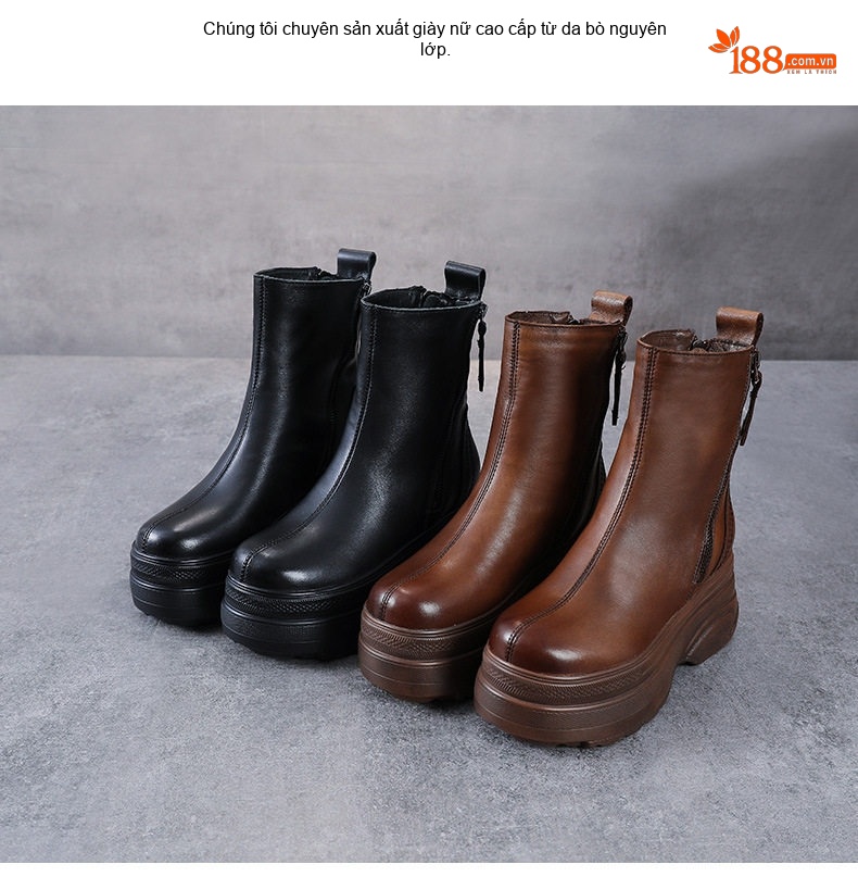 Boot Martin Nữ Da Bò Đế Dày Hai Khóa Kéo Phong Cách Anh Chiều Cao Đế Khoảng 5cm Màu Đen, Nâu chi tiết 2