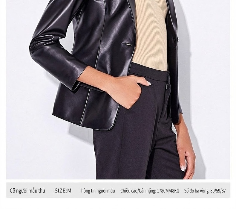 Áo Khoác Blazer Nữ Da Cừu Thật Dáng Motor Tiểu Tây Trang Màu Đen chi tiết 7