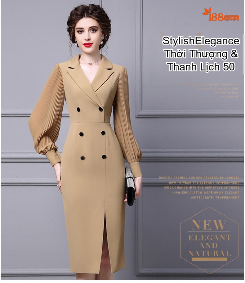 Váy Đầm Body Dáng Vest Tay Dài Xếp Ly Phong Cách Thanh Lịch Màu Be, Đen chi tiết 17