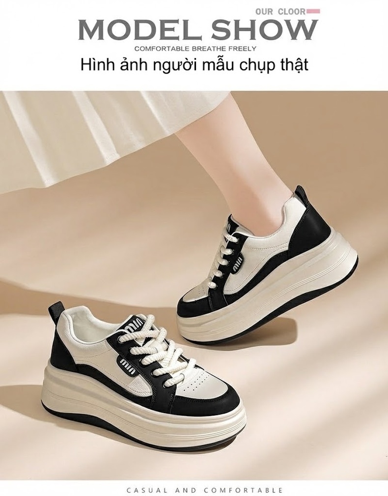 Giày Thể Thao Nữ Da Thật Kiểu Dáng Sneaker Chiều Cao Đế Khoảng 4cm Màu Trắng, Đen chi tiết 10