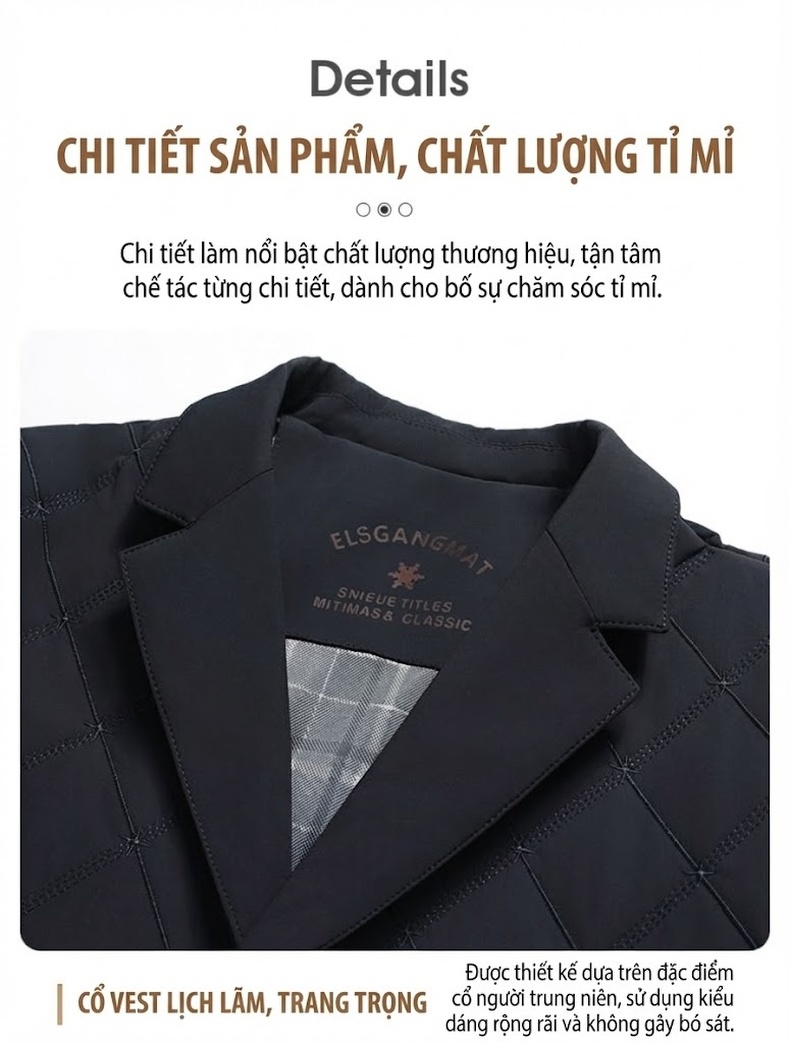 Áo Khoác Bông Nam Trung Niên Dáng Vừa Vải Cotton Lót Lụa Tằm Màu Xanh Navy chi tiết 12
