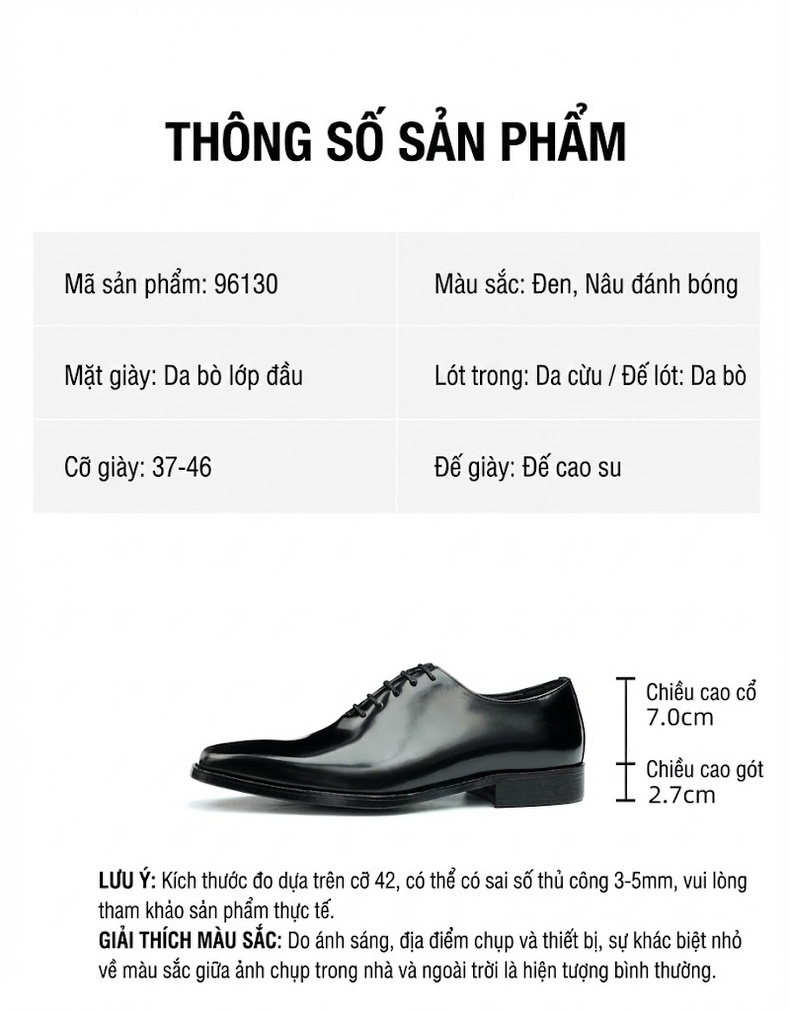 Giày Tây Buộc Dây Nam Da Bóng Lót Da Cừu Chiều Cao Đế Khoảng 3cm Màu Đen, Nâu chi tiết 2