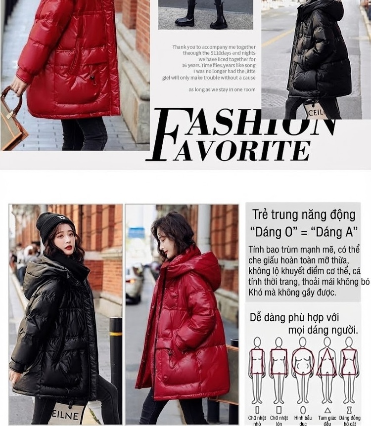Áo Phao Nữ Dáng Dài Vừa Vải Bóng Mũ Trùm Đầu Lót Lông Vịt Trắng Dày Dặn Màu Đỏ, Đen chi tiết 3