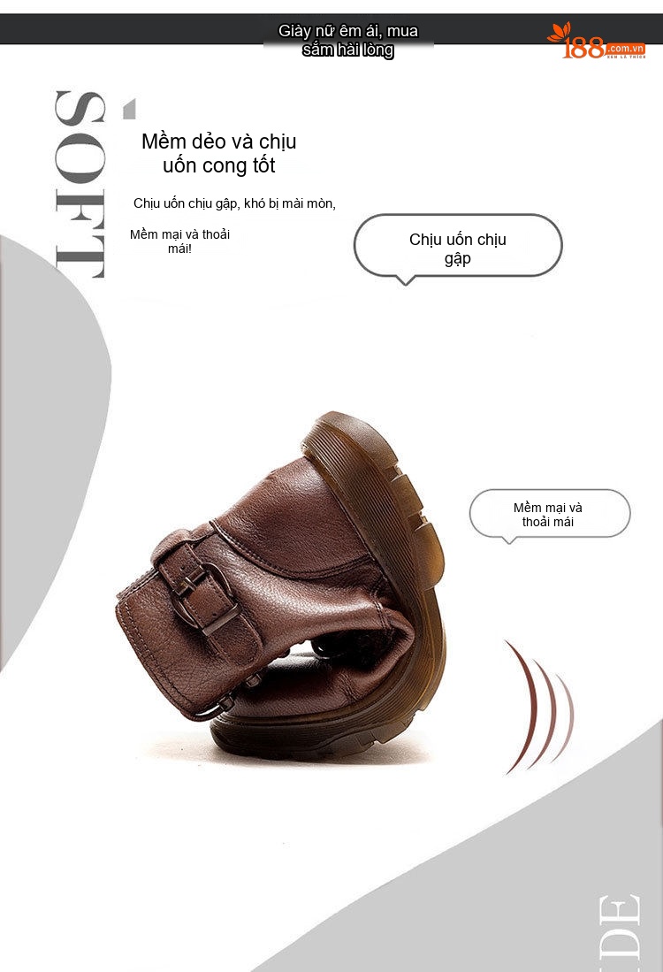Boot Martin Nữ Da Bò Cổ Thấp Buộc Dây Chiều Cao Đế Khoảng 3.5cm Màu Đen, Nâu chi tiết 3
