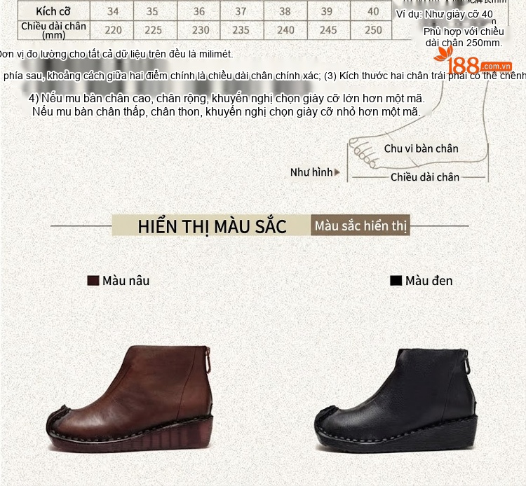 Boot Nữ Da Bò Cổ Ngắn Phong Cách Vintage Chiều Cao Đế Khoảng 3cm Màu Nâu, Đen chi tiết 3