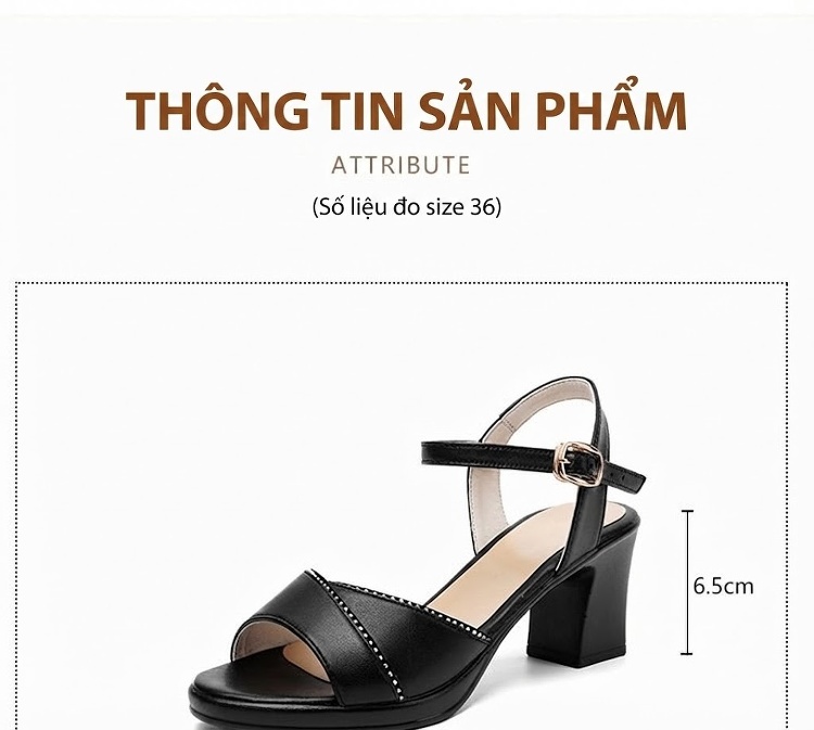 Giày Sandal Cao Gót Nữ Quai Ngang Gót Vuông Da Mềm Gót Cao 7cm - 8cm Màu Đen, Trắng chi tiết 4