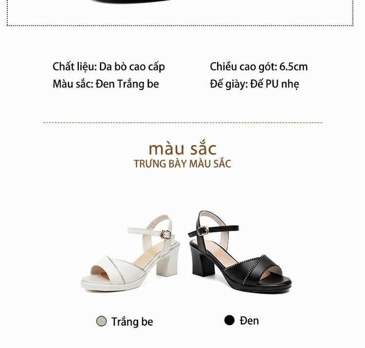 Giày Sandal Cao Gót Nữ Quai Ngang Gót Vuông Da Mềm Gót Cao 7cm - 8cm Màu Đen, Trắng chi tiết 5