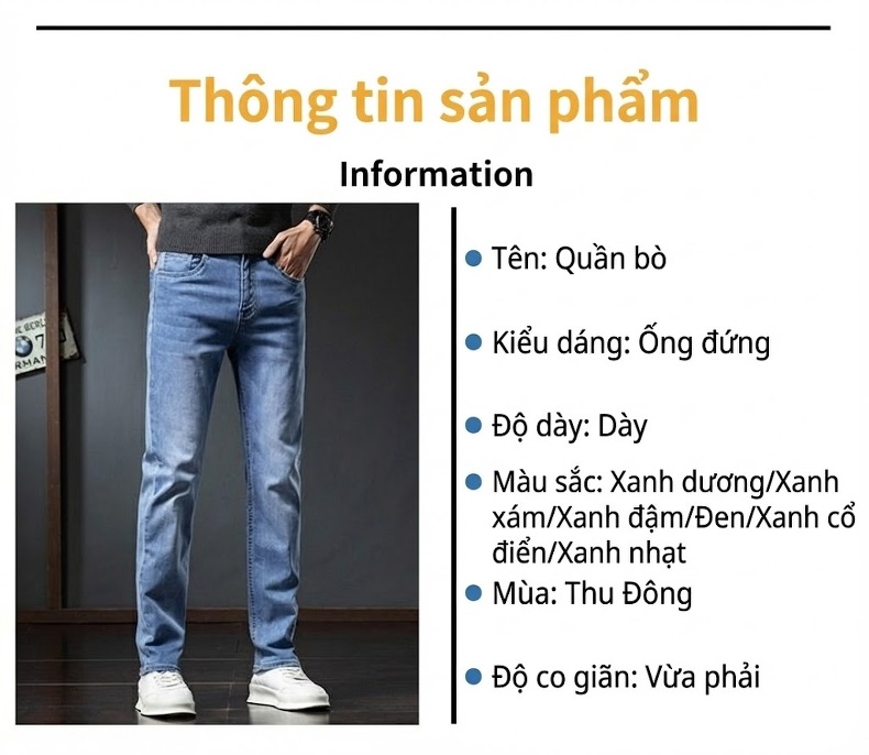Quần Jean Nam Ống Đứng Co Giãn Thoải Mái Kiểu Dáng Thời Trang Màu Xanh Dương Đậm, Xanh Dương Nhạt chi tiết 11