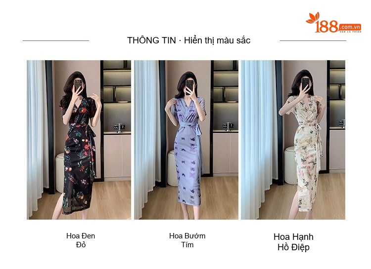 Váy Midi Nữ Tay Ngắn Thắt Eo Dáng Ôm Vải Voan Mỏng Nhẹ Họa Tiết Hoa Lá Màu Đen, Trắng, Tím... chi tiết 5