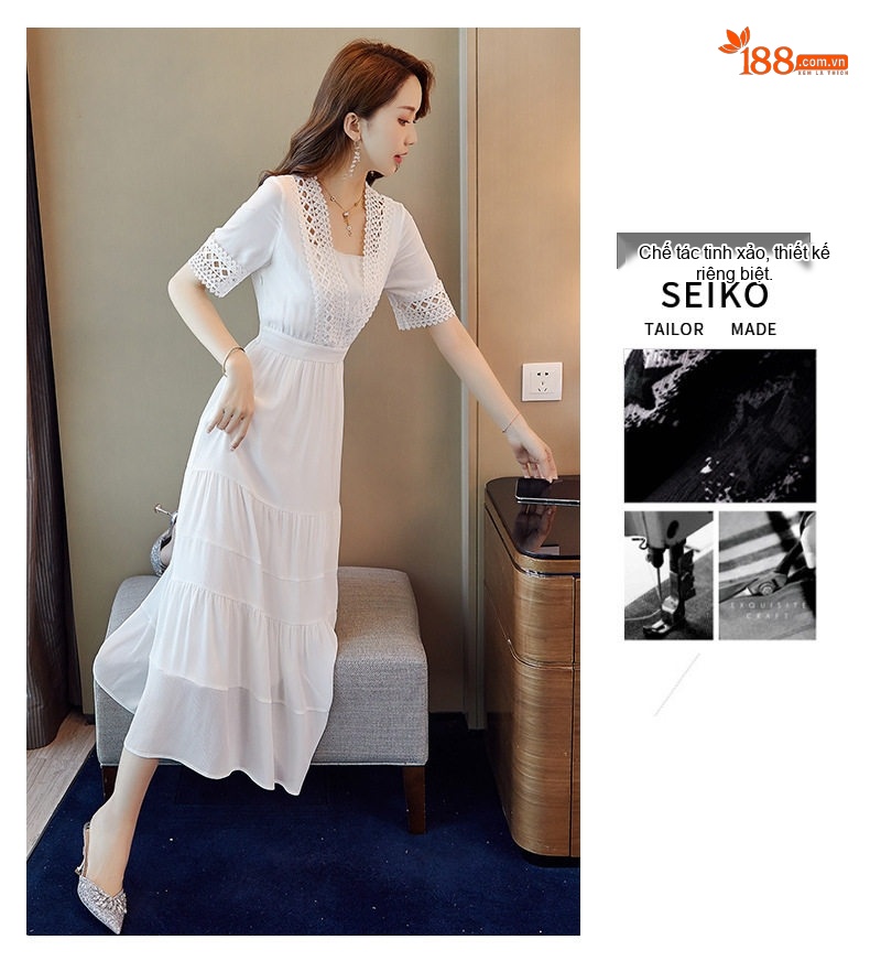 Váy Midi Nữ Xòe Nhẹ Cổ chữ Vuông Tay Lỡ Chất Liệu Voan Thích Hợp Đi Biển Màu Trắng, Xanh, Vàng chi tiết 7