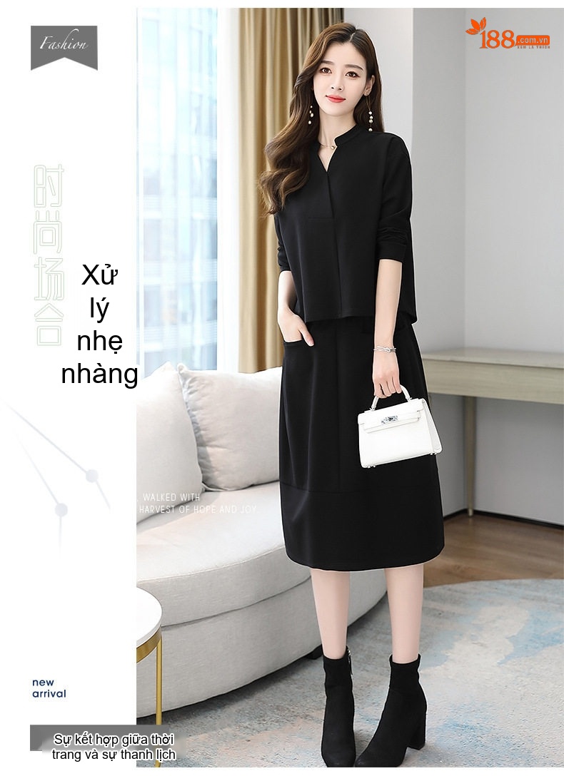 Bộ Đồ Nữ Thu Đông Áo Tay Lỡ Và Chân Váy dáng chữ A Thanh Lịch Màu Đen, Nâu, Xám chi tiết 4