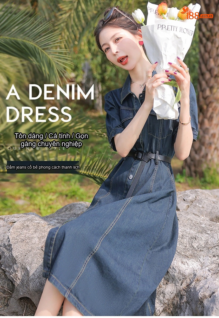Váy Đầm Jean Dáng Dài Nữ Tính Thu Eo Kèm Đai Phong Cách Hàn Quốc chi tiết 1