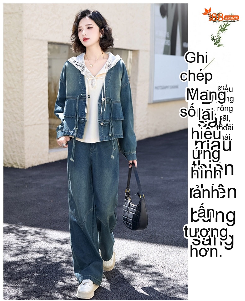 Set Bộ Quần Áo Nữ Phong Cách Trung Hoa Áo Khoác Lửng Quần Ống Rộng Jeans Xanh chi tiết 19