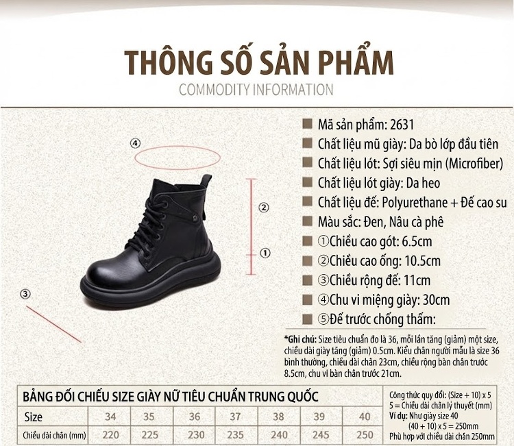 Boot Nữ Cổ Ngắn Ôm Chân Da Mờ Phong Cách Retro Chiều Cao Đế Khoảng 4cm Màu Nâu, Đen chi tiết 2