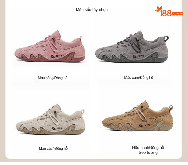 Giày Outdoor Nam Nữ Da Thật Cổ Thấp Chiều Cao Đế Khoảng 3cm Màu Hồng, Kem, Xám, Nâu chi tiết 4