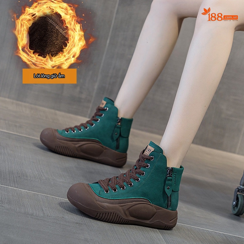 Giày Boot Nữ Cổ Cao Dây Buộc Phong Cách Retro Chiều Cao Đế Khoảng 4cm Màu Vàng, Xanh Lá, Nâu, Đen...