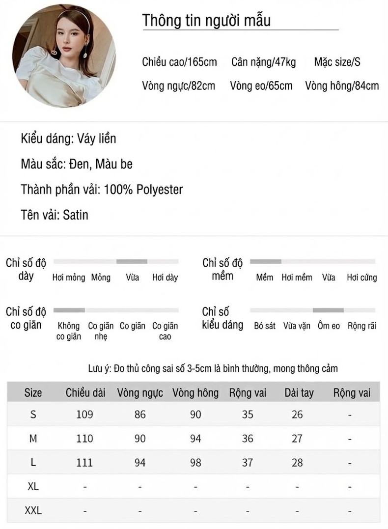 Váy liền thân Nữ Tay Ngắn Chất Liệu Axetat Satin Phối Nhún Eo Thon Dáng Ngắn Màu Đen, Trắng Kem chi tiết 3