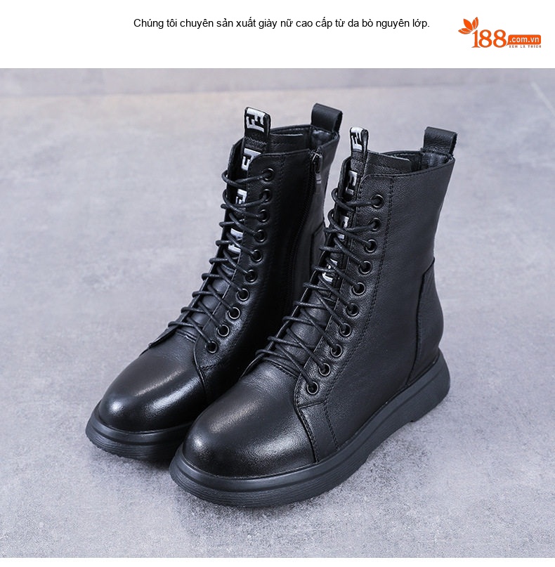 Giày Boot Martin Nữ Da Bò Lót Lông Chiều Cao Đế Khoảng 4cm Phong Cách Anh Quốc Màu Đen chi tiết 2