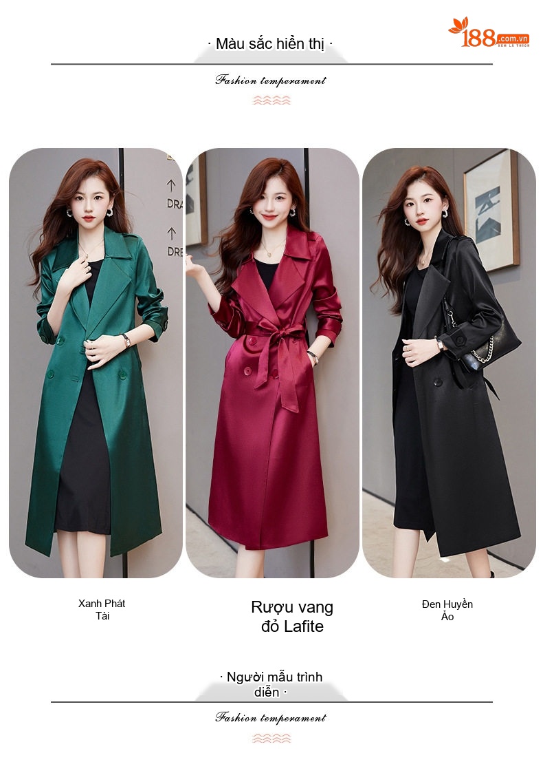 Áo Khoác Gió Nữ Dáng Dài Thu Đông Dáng Ôm Chiết Eo Chất Liệu Satin Màu Đen, Đỏ, Xanh Lá chi tiết 10