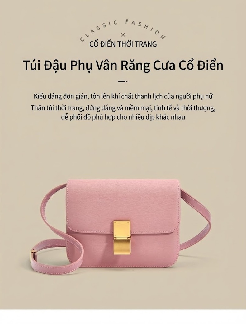 Túi Đeo Vai Nữ Da Bò Vân Tăm Tre Khóa Kim Loại Phong Cách Thời Trang chi tiết 1