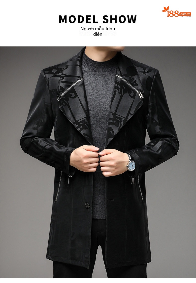 Áo Khoác Da Nam Dáng Dài Cổ chữ Vest Form Ôm Phong Cách Hàn Quốc Màu Đen chi tiết 6