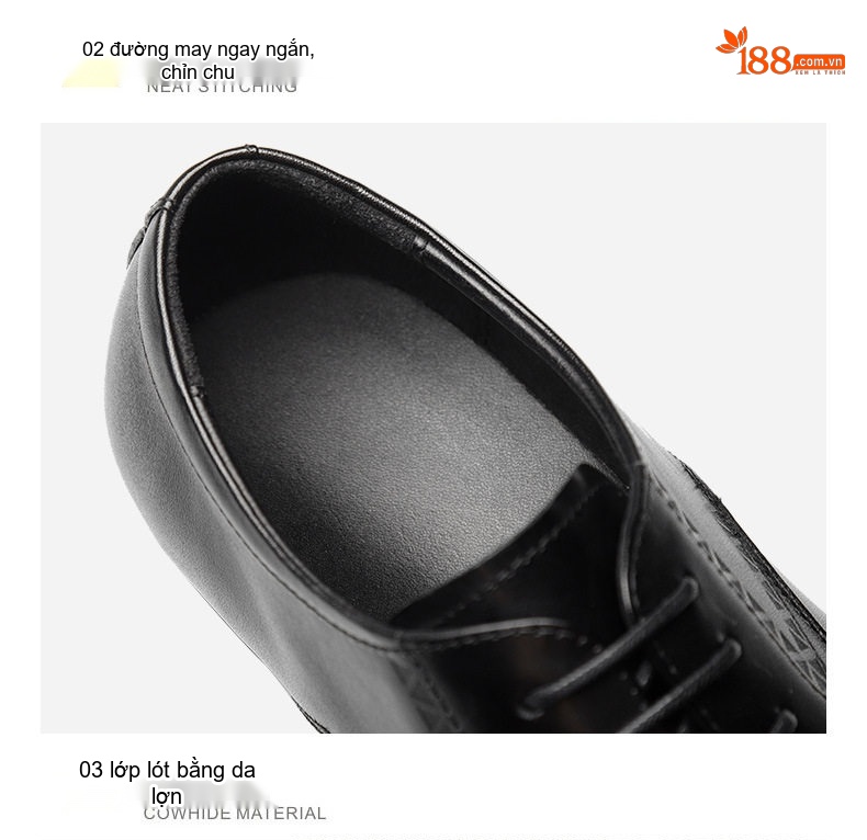 Giày Tây Buộc Dây Nam Da Bò Dập Vân Chiều Cao Đế Khoảng 3cm Màu Đen, Nâu chi tiết 17