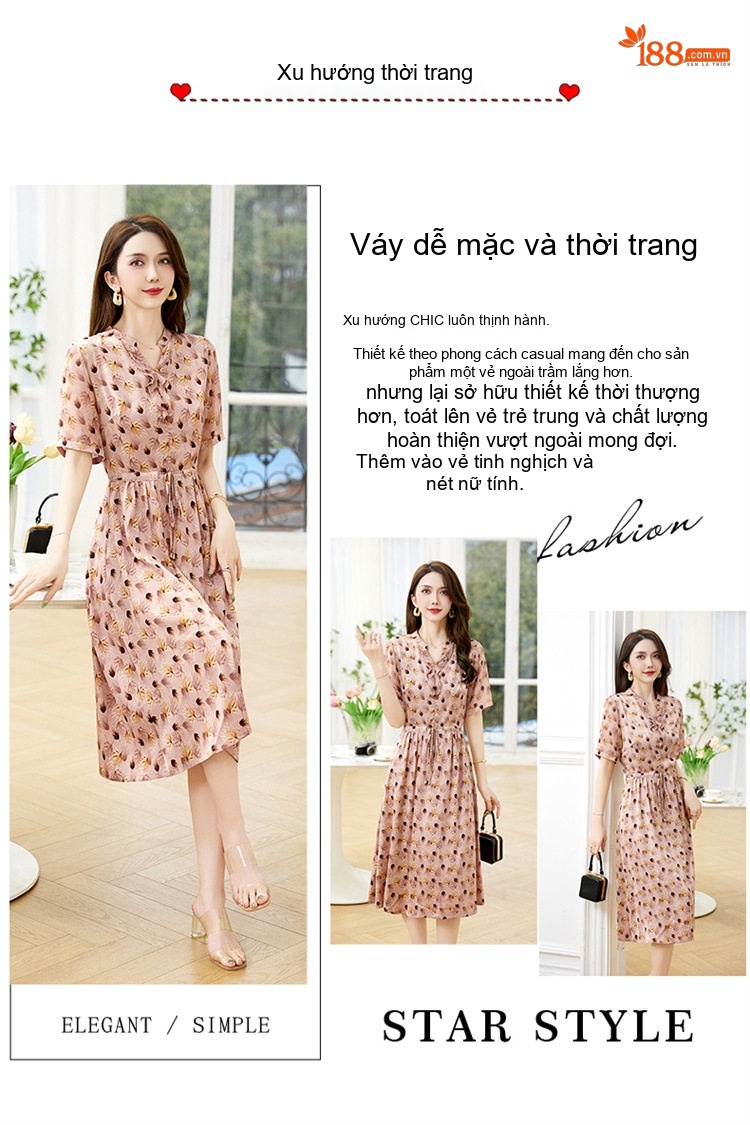 Váy Hoa Nhí Cổ chữ V Mùa Hè Thiết Kế Bèo Nhún Dây Rút Mềm Mại Thoải Mái Màu Hồng, Xanh chi tiết 4
