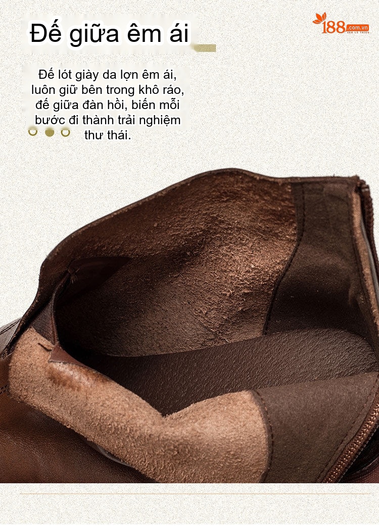 Boot Nữ Da Bò Cổ Ngắn Phong Cách Vintage Chiều Cao Đế Khoảng 3cm Màu Nâu, Đen chi tiết 7